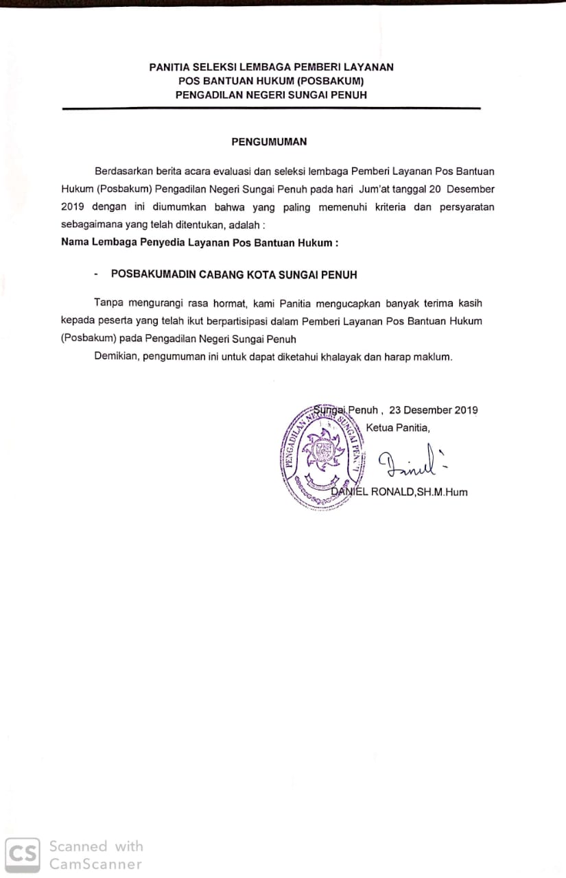 Pengumuman Hasil Seleksi Bahan Untuk POSBAKUM